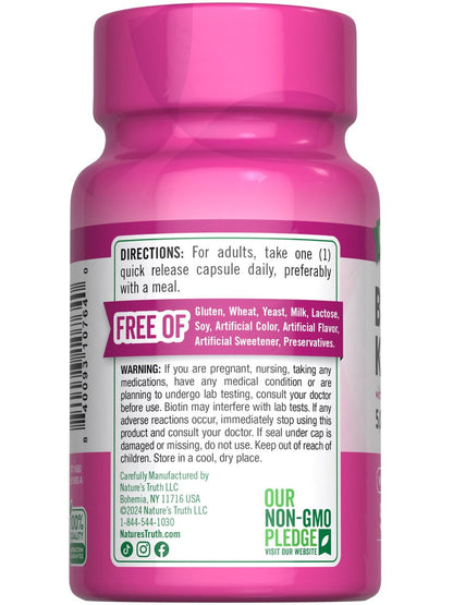 Nature's Truth Biotin 5000 mcg mit Keratin und Alpha-Liponsäure | 50 Kapseln | Nicht-GVO & Glutenfrei