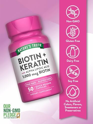 Nature's Truth Biotin 5000 mcg mit Keratin und Alpha-Liponsäure | 50 Kapseln | Nicht-GVO & Glutenfrei