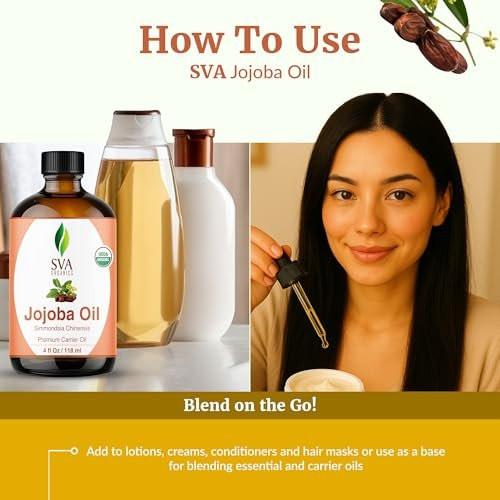 SVA Organics Bio-Jojobaöl kaltgepresst - 118 ml – 100% natürliches, kaltgepresstes Bio-Jojobaöl für Gesicht, Hautpflege, Haarpflege, Kopfhautmassage und Körpermassage – Trägeröl mit Pipette