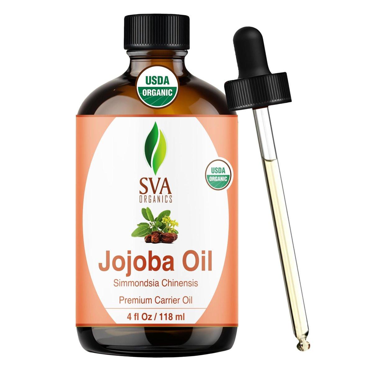 SVA Organics Bio-Jojobaöl kaltgepresst - 118 ml – 100% natürliches, kaltgepresstes Bio-Jojobaöl für Gesicht, Hautpflege, Haarpflege, Kopfhautmassage und Körpermassage – Trägeröl mit Pipette