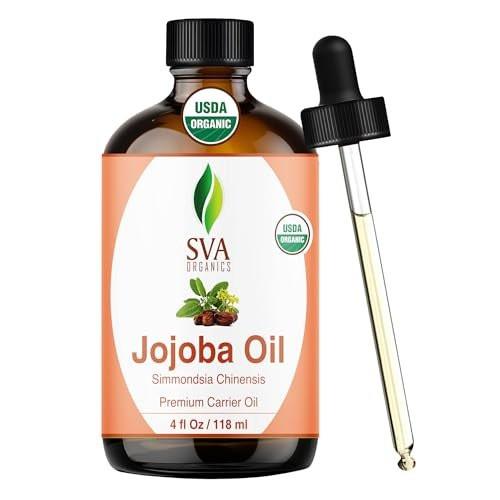 SVA Organics Bio-Jojobaöl kaltgepresst - 118 ml – 100% natürliches, kaltgepresstes Bio-Jojobaöl für Gesicht, Hautpflege, Haarpflege, Kopfhautmassage und Körpermassage – Trägeröl mit Pipette