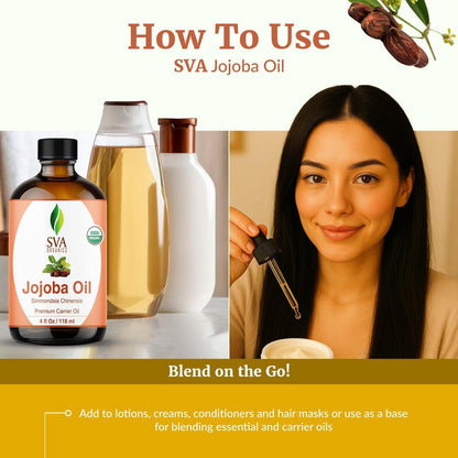 SVA Organics Bio-Jojobaöl kaltgepresst - 118 ml – 100% natürliches, kaltgepresstes Bio-Jojobaöl für Gesicht, Hautpflege, Haarpflege, Kopfhautmassage und Körpermassage – Trägeröl mit Pipette