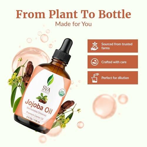 SVA Organics Bio-Jojobaöl kaltgepresst - 118 ml – 100% natürliches, kaltgepresstes Bio-Jojobaöl für Gesicht, Hautpflege, Haarpflege, Kopfhautmassage und Körpermassage – Trägeröl mit Pipette