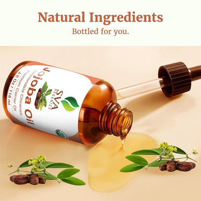 SVA Organics Bio-Jojobaöl kaltgepresst - 118 ml – 100% natürliches, kaltgepresstes Bio-Jojobaöl für Gesicht, Hautpflege, Haarpflege, Kopfhautmassage und Körpermassage – Trägeröl mit Pipette