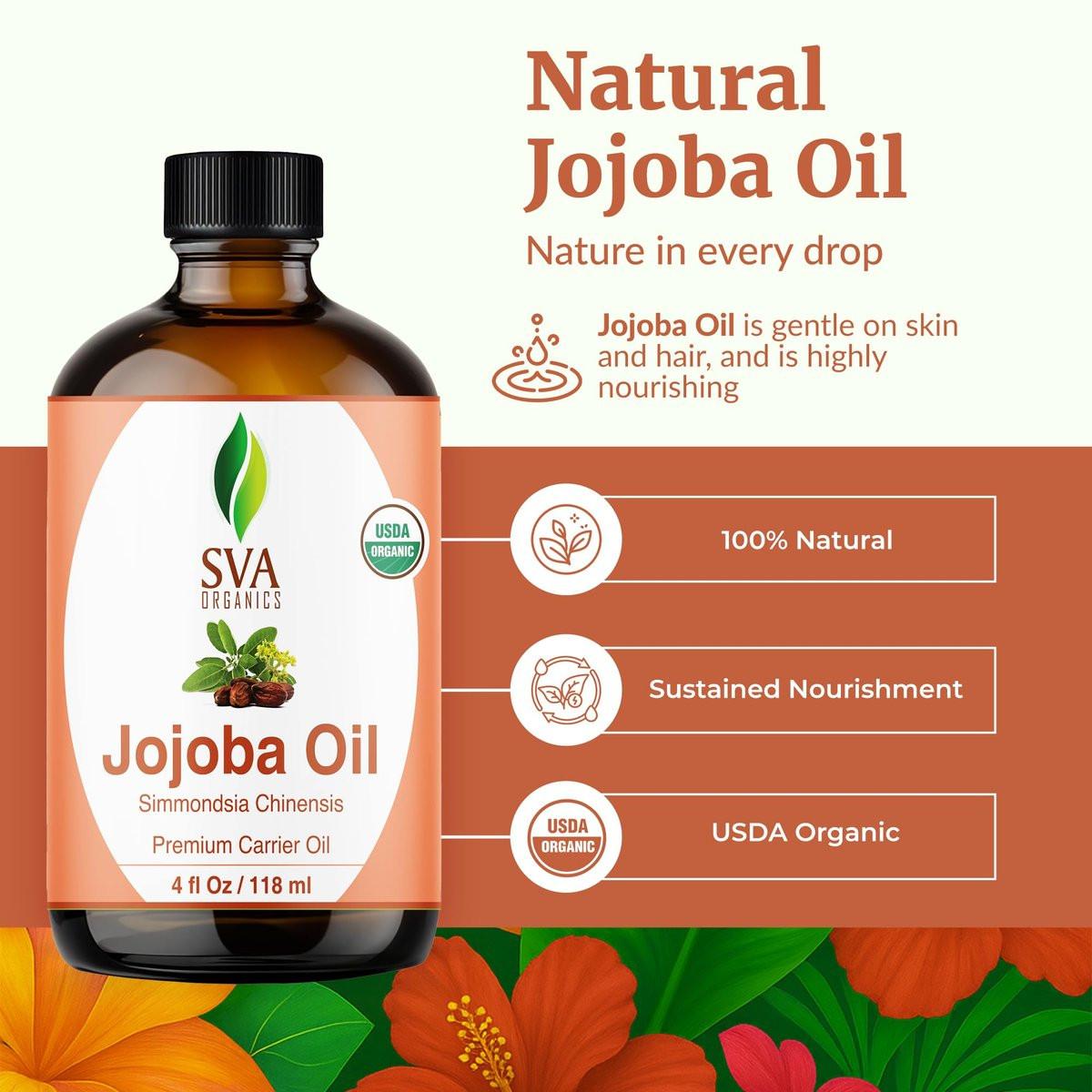 SVA Organics Bio-Jojobaöl kaltgepresst - 118 ml – 100% natürliches, kaltgepresstes Bio-Jojobaöl für Gesicht, Hautpflege, Haarpflege, Kopfhautmassage und Körpermassage – Trägeröl mit Pipette