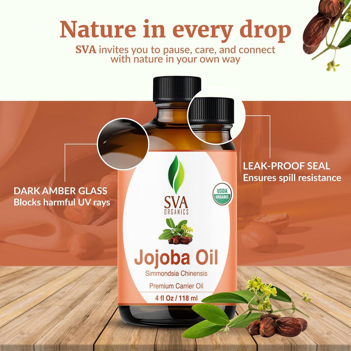 SVA Organics Bio-Jojobaöl kaltgepresst - 118 ml – 100% natürliches, kaltgepresstes Bio-Jojobaöl für Gesicht, Hautpflege, Haarpflege, Kopfhautmassage und Körpermassage – Trägeröl mit Pipette