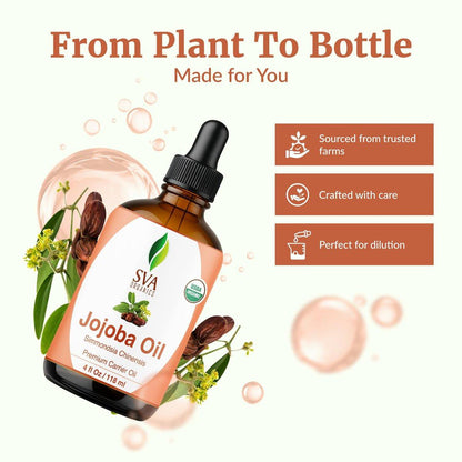 SVA Organics Bio-Jojobaöl kaltgepresst - 118 ml – 100% natürliches, kaltgepresstes Bio-Jojobaöl für Gesicht, Hautpflege, Haarpflege, Kopfhautmassage und Körpermassage – Trägeröl mit Pipette