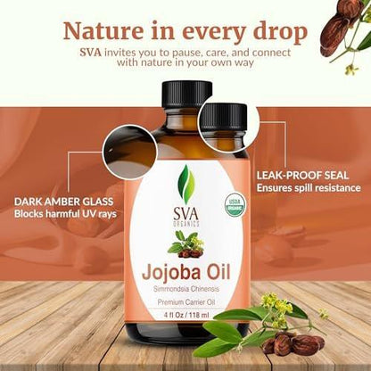 SVA Organics Bio-Jojobaöl kaltgepresst - 118 ml – 100% natürliches, kaltgepresstes Bio-Jojobaöl für Gesicht, Hautpflege, Haarpflege, Kopfhautmassage und Körpermassage – Trägeröl mit Pipette
