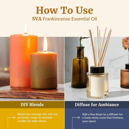 SVA Weihrauch ätherisches Öl – 118 ml – 100% natürliches Boswellia-Serrata-Öl – für Diffuser, Haarpflege, Gesicht, Hautpflege, Aromatherapie, Kopfhaut- und Körpermassage, Seifen- und Kerzenherstellung – mit Pipette