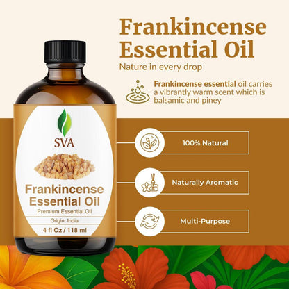 SVA Weihrauch ätherisches Öl – 118 ml – 100% natürliches Boswellia-Serrata-Öl – für Diffuser, Haarpflege, Gesicht, Hautpflege, Aromatherapie, Kopfhaut- und Körpermassage, Seifen- und Kerzenherstellung – mit Pipette