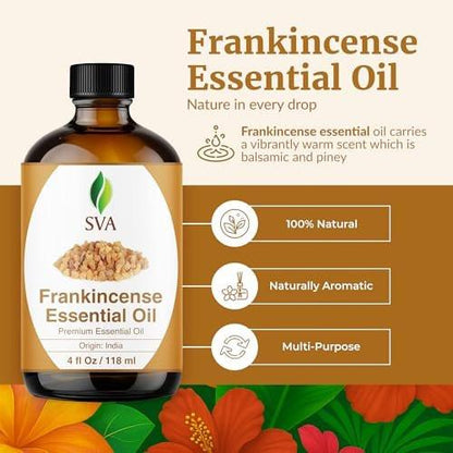 SVA Weihrauch ätherisches Öl – 118 ml – 100% natürliches Boswellia-Serrata-Öl – für Diffuser, Haarpflege, Gesicht, Hautpflege, Aromatherapie, Kopfhaut- und Körpermassage, Seifen- und Kerzenherstellung – mit Pipette
