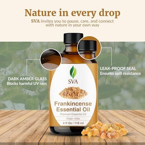 SVA Weihrauch ätherisches Öl – 118 ml – 100% natürliches Boswellia-Serrata-Öl – für Diffuser, Haarpflege, Gesicht, Hautpflege, Aromatherapie, Kopfhaut- und Körpermassage, Seifen- und Kerzenherstellung – mit Pipette
