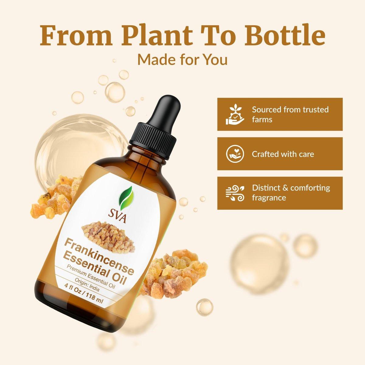 SVA Weihrauch ätherisches Öl – 118 ml – 100% natürliches Boswellia-Serrata-Öl – für Diffuser, Haarpflege, Gesicht, Hautpflege, Aromatherapie, Kopfhaut- und Körpermassage, Seifen- und Kerzenherstellung – mit Pipette