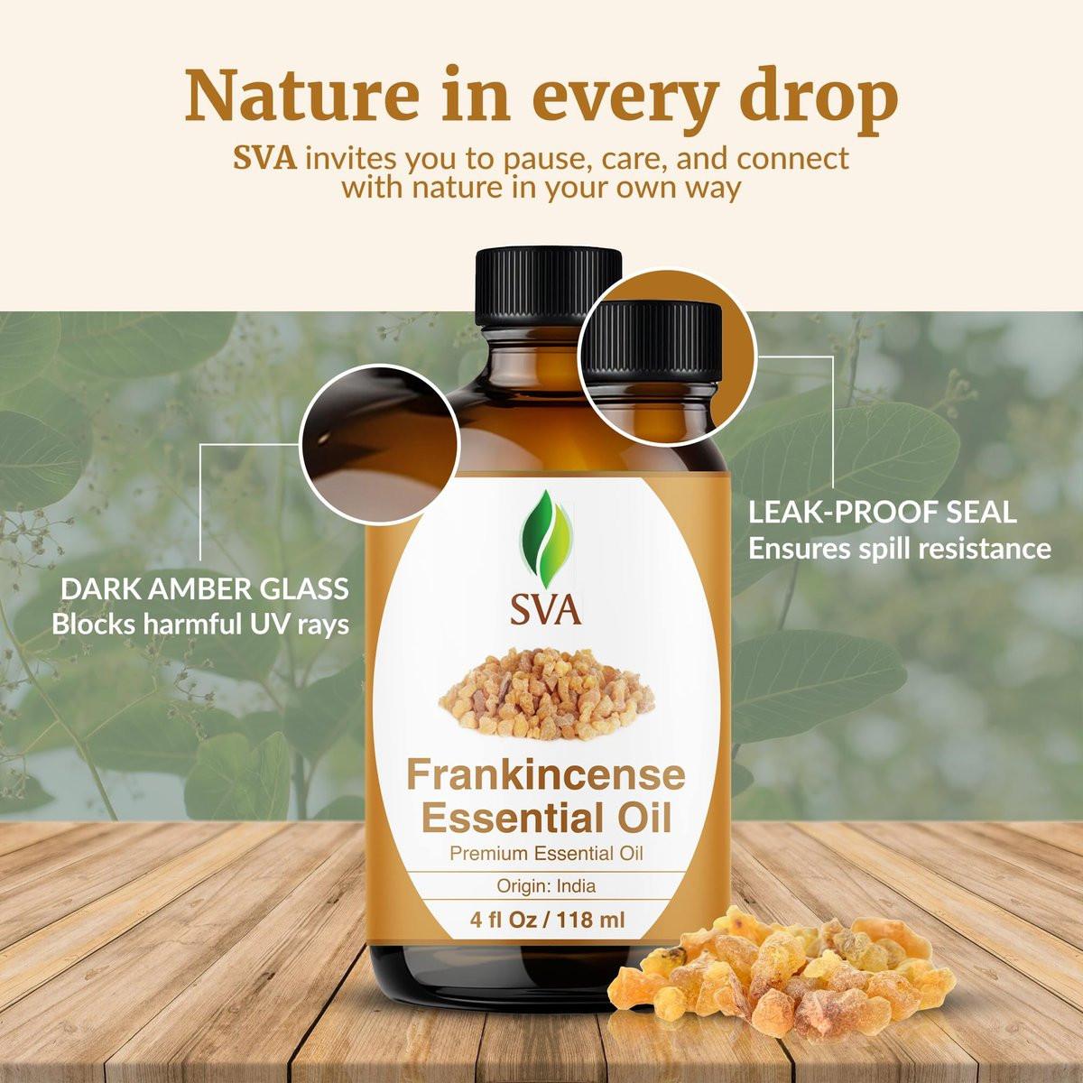 SVA Weihrauch ätherisches Öl – 118 ml – 100% natürliches Boswellia-Serrata-Öl – für Diffuser, Haarpflege, Gesicht, Hautpflege, Aromatherapie, Kopfhaut- und Körpermassage, Seifen- und Kerzenherstellung – mit Pipette