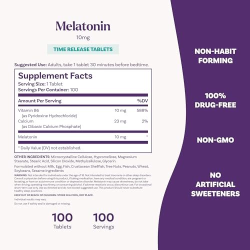 Natrol Melatonin 10 mg Zeitfreisetzungstabletten - Schlafergänzungsmittel für erholsamen Schlaf, 100 Tabletten, 100 Portionen