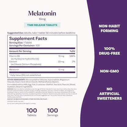 Natrol Melatonin 10 mg Zeitfreisetzungstabletten - Schlafergänzungsmittel für erholsamen Schlaf, 100 Tabletten, 100 Portionen