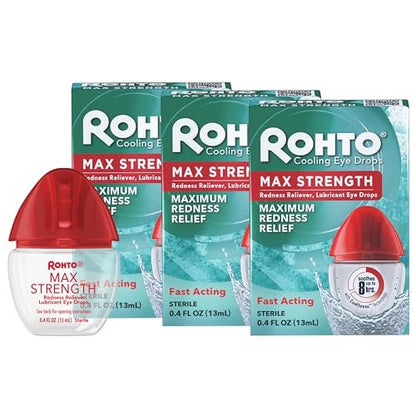 Rohto Max Stärke Rötungshemmer, Befeuchtende Augentropfen, Schnelle, Kühlende Linderung für Rote, Trockene, Juckende Augen, Rötungs- und Trockenheitslinderung, Erfrischende Augentropfen, 0,4 fl oz (3er-Pack)
