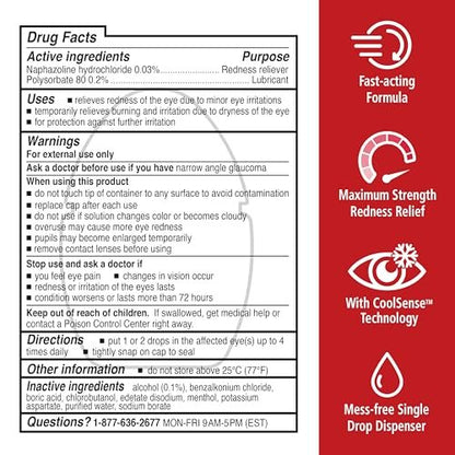 Rohto Max Stärke Rötungshemmer, Befeuchtende Augentropfen, Schnelle, Kühlende Linderung für Rote, Trockene, Juckende Augen, Rötungs- und Trockenheitslinderung, Erfrischende Augentropfen, 0,4 fl oz (3er-Pack)
