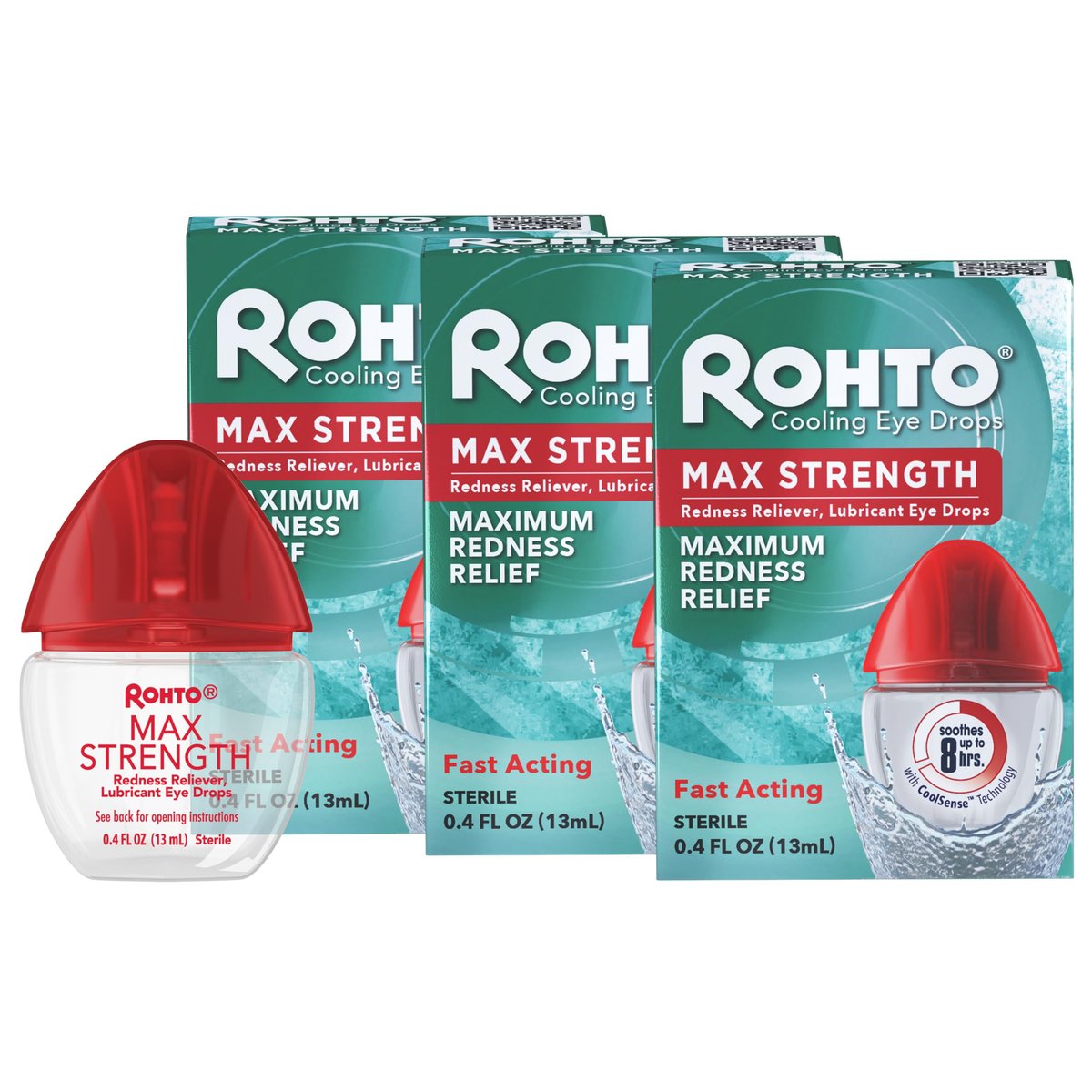 Rohto Max Stärke Rötungshemmer, Befeuchtende Augentropfen, Schnelle, Kühlende Linderung für Rote, Trockene, Juckende Augen, Rötungs- und Trockenheitslinderung, Erfrischende Augentropfen, 0,4 fl oz (3er-Pack)