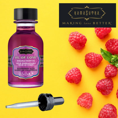 KAMA SUTRA Oil of Love Raspberry Kiss – 0,75 fl oz – Küssbares, wärmendes Körperöl für orale Vorspiele – leckerer Geschmack – wasserbasiert
