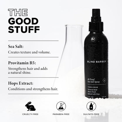 Blind Barber 40 Proof Sea Salt Spray für Männer - Meersalz-Haarspray für Volumen & Textur - Wasserbasierter Matt-Look mit leichtem bis mittlerem Halt - Verstärkt Beach Waves & Fülle - Tonkabohne Duft (150 ml)