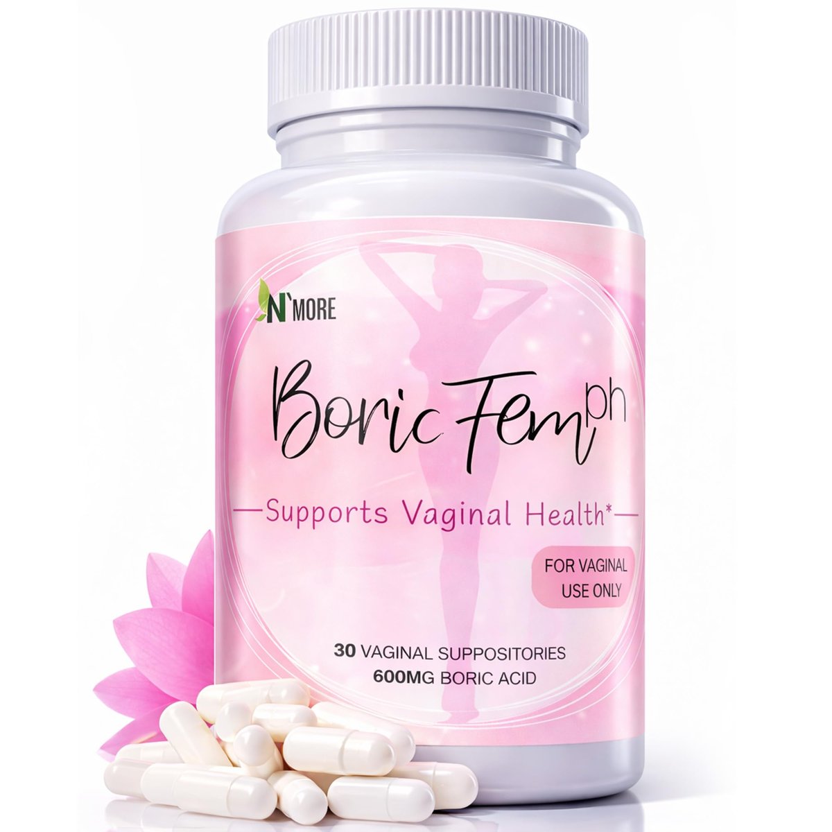N'More Borsäure-Zäpfchen 600mg – Unterstützt das vaginale pH-Gleichgewicht & Geruchskontrolle – 100% rein, hergestellt in den USA – Intime Gesundheit – 30 Stück