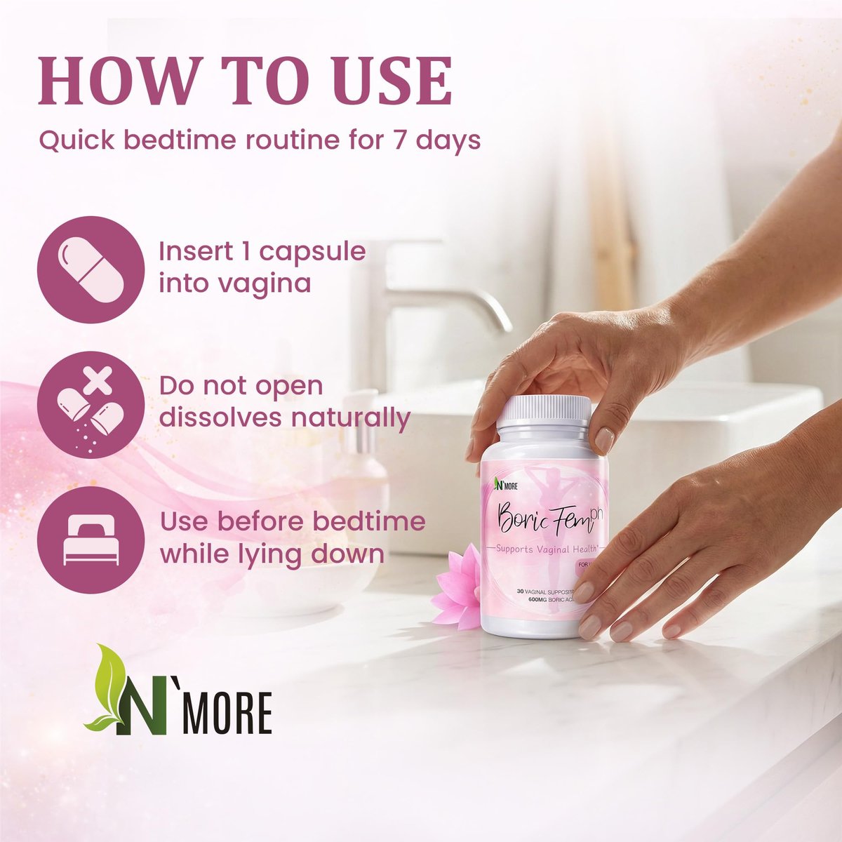 N'More Borsäure-Zäpfchen 600mg – Unterstützt das vaginale pH-Gleichgewicht & Geruchskontrolle – 100% rein, hergestellt in den USA – Intime Gesundheit – 30 Stück