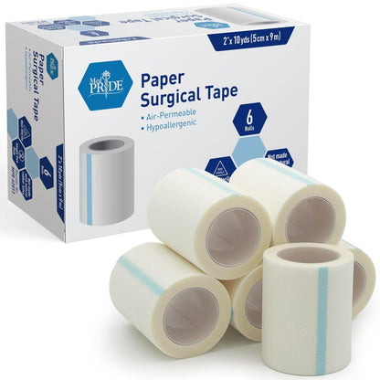 MED PRIDE Hypoallergene Latexfreie Papier-Medizintape 5 cm x 9,1 m – 6 Rollen, Weiß, Atmungsaktiv für Empfindliche Haut