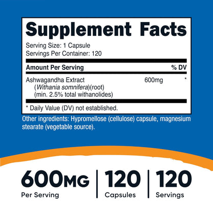 Nutricost Ashwagandha Kräuterergänzung 600mg, 120 Kapseln – Vegetarisch, Nicht-GVO, Glutenfrei, Ashwagandha-Wurzel