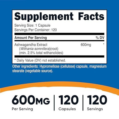 Nutricost Ashwagandha Kräuterergänzung 600mg, 120 Kapseln – Vegetarisch, Nicht-GVO, Glutenfrei, Ashwagandha-Wurzel