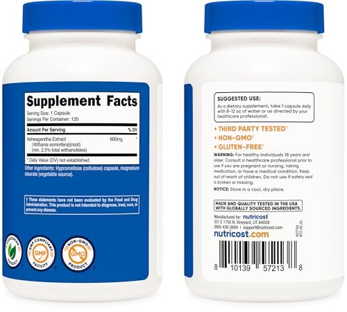 Nutricost Ashwagandha Kräuterergänzung 600mg, 120 Kapseln – Vegetarisch, Nicht-GVO, Glutenfrei, Ashwagandha-Wurzel