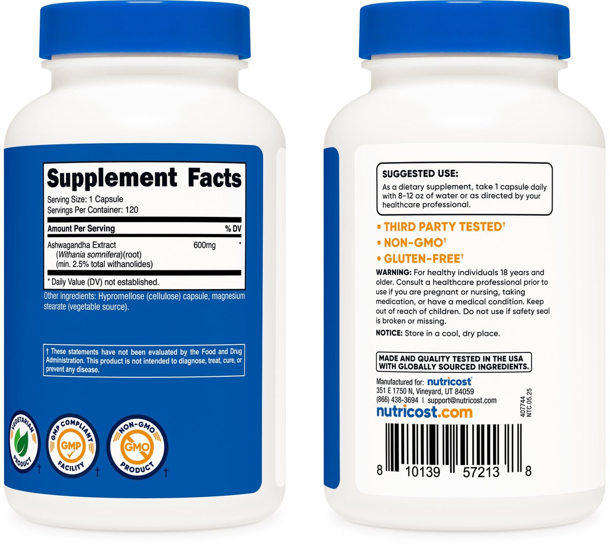 Nutricost Ashwagandha Kräuterergänzung 600mg, 120 Kapseln – Vegetarisch, Nicht-GVO, Glutenfrei, Ashwagandha-Wurzel