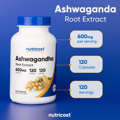 Nutricost Ashwagandha Kräuterergänzung 600mg, 120 Kapseln – Vegetarisch, Nicht-GVO, Glutenfrei, Ashwagandha-Wurzel