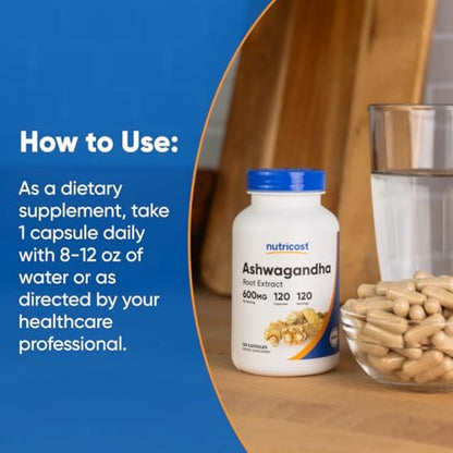 Nutricost Ashwagandha Kräuterergänzung 600mg, 120 Kapseln – Vegetarisch, Nicht-GVO, Glutenfrei, Ashwagandha-Wurzel