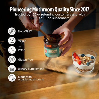 FreshCap Mushrooms Ultimate Mushroom Complex – 12:1 Pilzextrakt-Pulver mit 29% Beta-Glucanen, ayurvedische saubere Energie, Fokus & Immununterstützung (60 Portionen)
