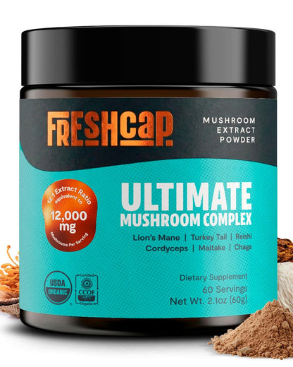 FreshCap Mushrooms Ultimate Mushroom Complex – 12:1 Pilzextrakt-Pulver mit 29% Beta-Glucanen, ayurvedische saubere Energie, Fokus & Immununterstützung (60 Portionen)