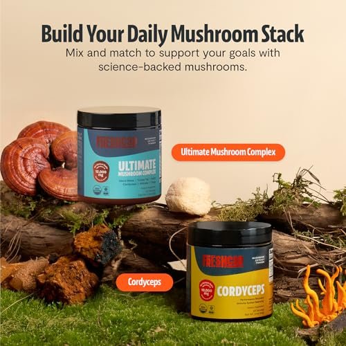 FreshCap Mushrooms Ultimate Mushroom Complex – 12:1 Pilzextrakt-Pulver mit 29% Beta-Glucanen, ayurvedische saubere Energie, Fokus & Immununterstützung (60 Portionen)