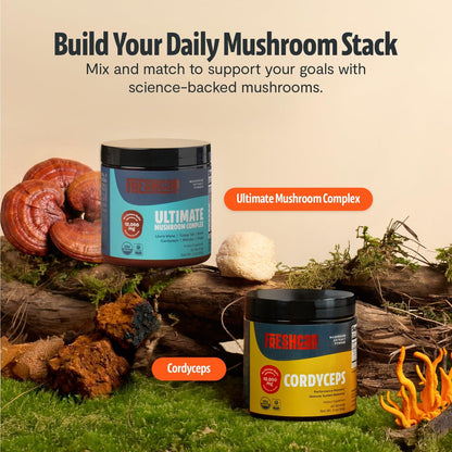 FreshCap Mushrooms Ultimate Mushroom Complex – 12:1 Pilzextrakt-Pulver mit 29% Beta-Glucanen, ayurvedische saubere Energie, Fokus & Immununterstützung (60 Portionen)