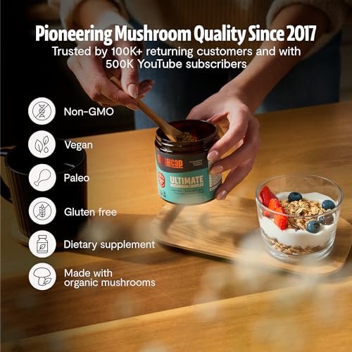 FreshCap Mushrooms Ultimate Mushroom Complex – 12:1 Pilzextrakt-Pulver mit 29% Beta-Glucanen, ayurvedische saubere Energie, Fokus & Immununterstützung (60 Portionen)