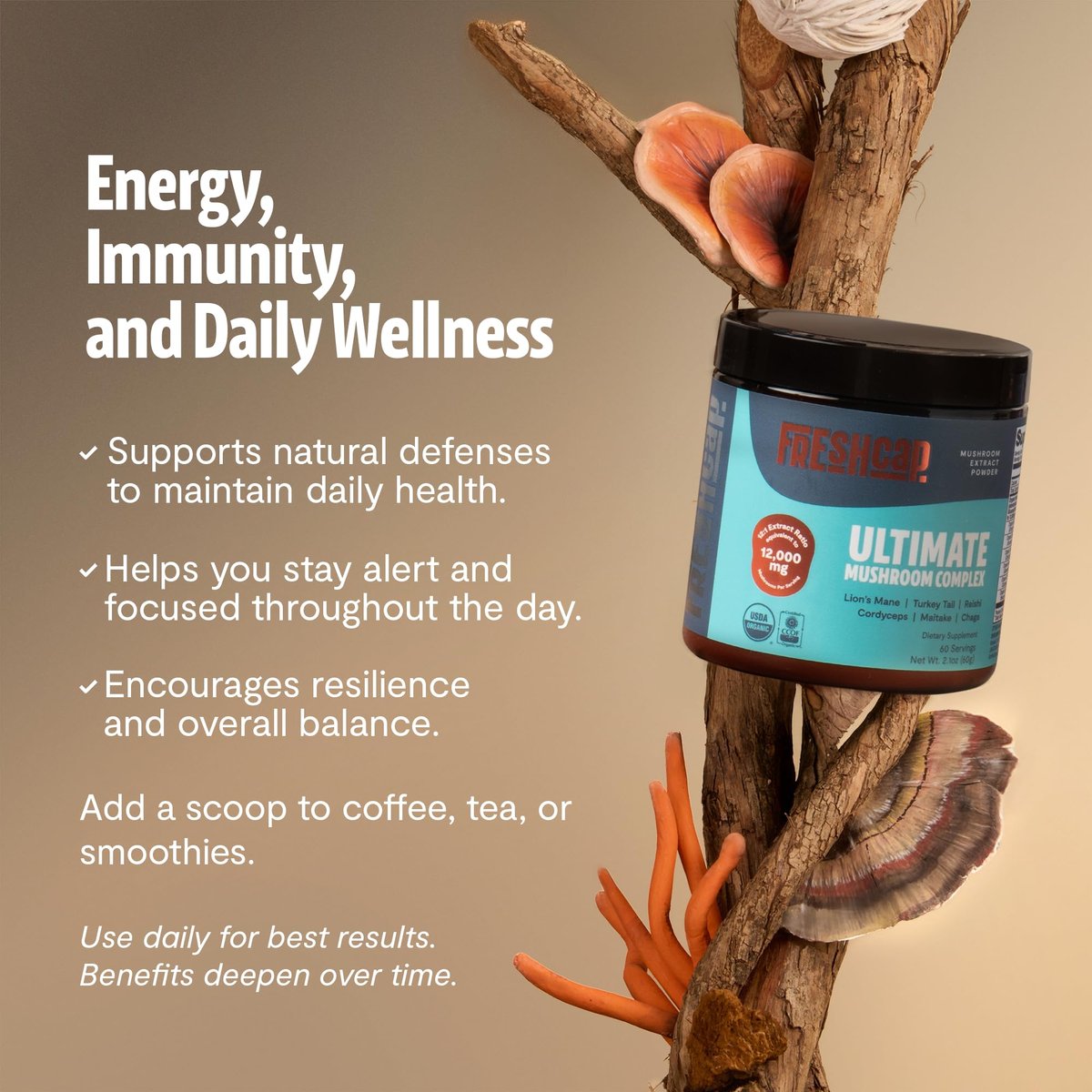 FreshCap Mushrooms Ultimate Mushroom Complex – 12:1 Pilzextrakt-Pulver mit 29% Beta-Glucanen, ayurvedische saubere Energie, Fokus & Immununterstützung (60 Portionen)