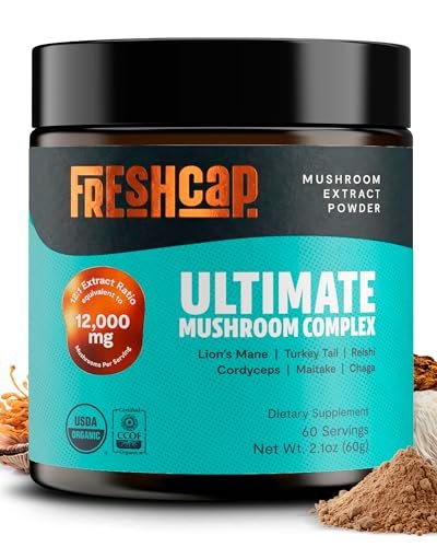 FreshCap Mushrooms Ultimate Mushroom Complex – 12:1 Pilzextrakt-Pulver mit 29% Beta-Glucanen, ayurvedische saubere Energie, Fokus & Immununterstützung (60 Portionen)