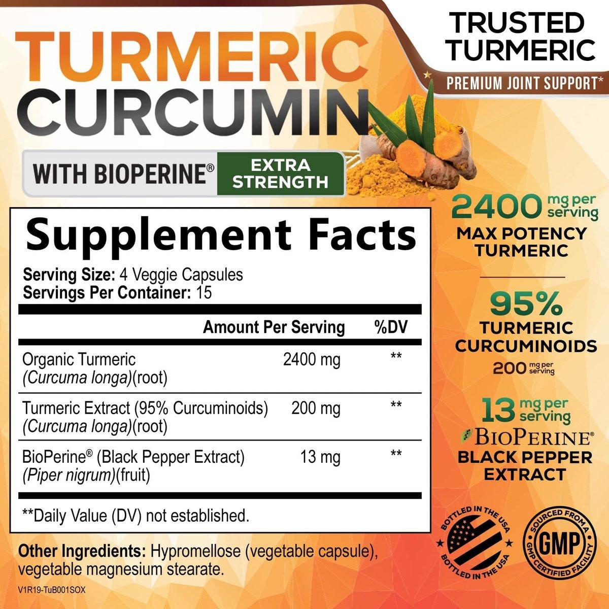 Bio Kurkuma Curcumin Kapseln mit BioPerine & 95% Curcuminoide - 2400mg pro Portion - Vegan - 60 Kapseln