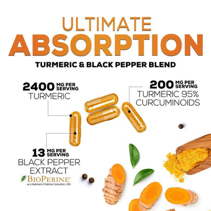 Bio Kurkuma Curcumin Kapseln mit BioPerine & 95% Curcuminoide - 2400mg pro Portion - Vegan - 60 Kapseln