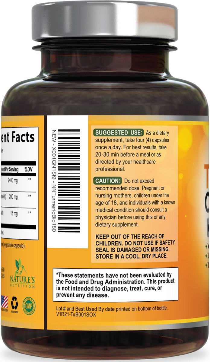 Bio Kurkuma Curcumin 2400mg – 95% Curcuminoide & BioPerin Schwarzer Pfeffer Extrakt – 180 Kapseln – Vegan & Laborgeprüft