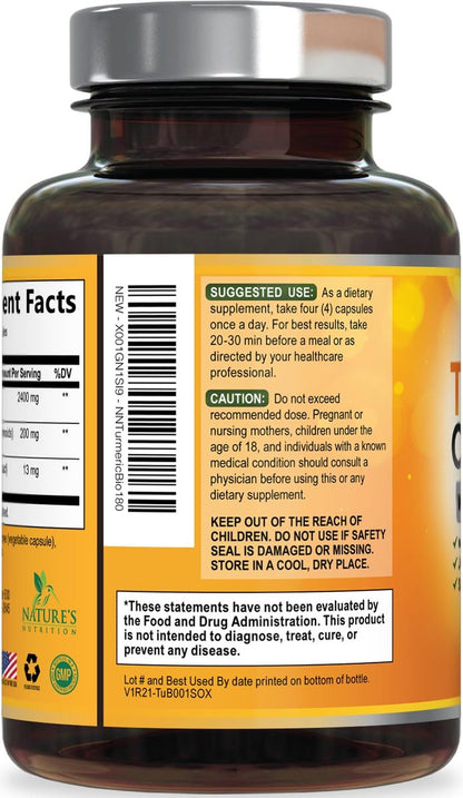 Bio Kurkuma Curcumin 2400mg – 95% Curcuminoide & BioPerin Schwarzer Pfeffer Extrakt – 180 Kapseln – Vegan & Laborgeprüft