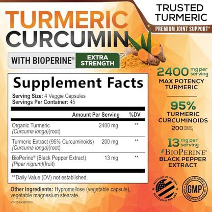 Bio Kurkuma Curcumin 2400mg – 95% Curcuminoide & BioPerin Schwarzer Pfeffer Extrakt – 180 Kapseln – Vegan & Laborgeprüft