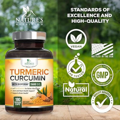 Bio Kurkuma Curcumin 2400mg – 95% Curcuminoide & BioPerin Schwarzer Pfeffer Extrakt – 180 Kapseln – Vegan & Laborgeprüft