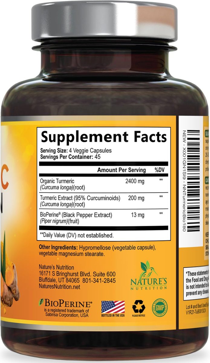 Bio Kurkuma Curcumin 2400mg – 95% Curcuminoide & BioPerin Schwarzer Pfeffer Extrakt – 180 Kapseln – Vegan & Laborgeprüft