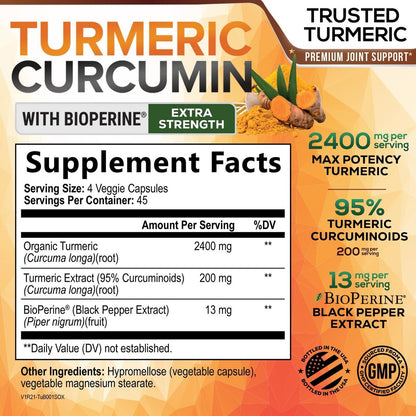 Bio Kurkuma Curcumin 2400mg – 95% Curcuminoide & BioPerin Schwarzer Pfeffer Extrakt – 180 Kapseln – Vegan & Laborgeprüft