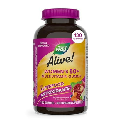 Nature's Way Alive! Frauen 50 Plus Multivitamin Gummibärchen – Tägliche kaubare Multivitamine mit B-Vitaminen, Vitamin D3, Calcium – Unterstützt Herz, Gehirn & Knochengesundheit* – Mischbeerengeschmack – 130 Stück